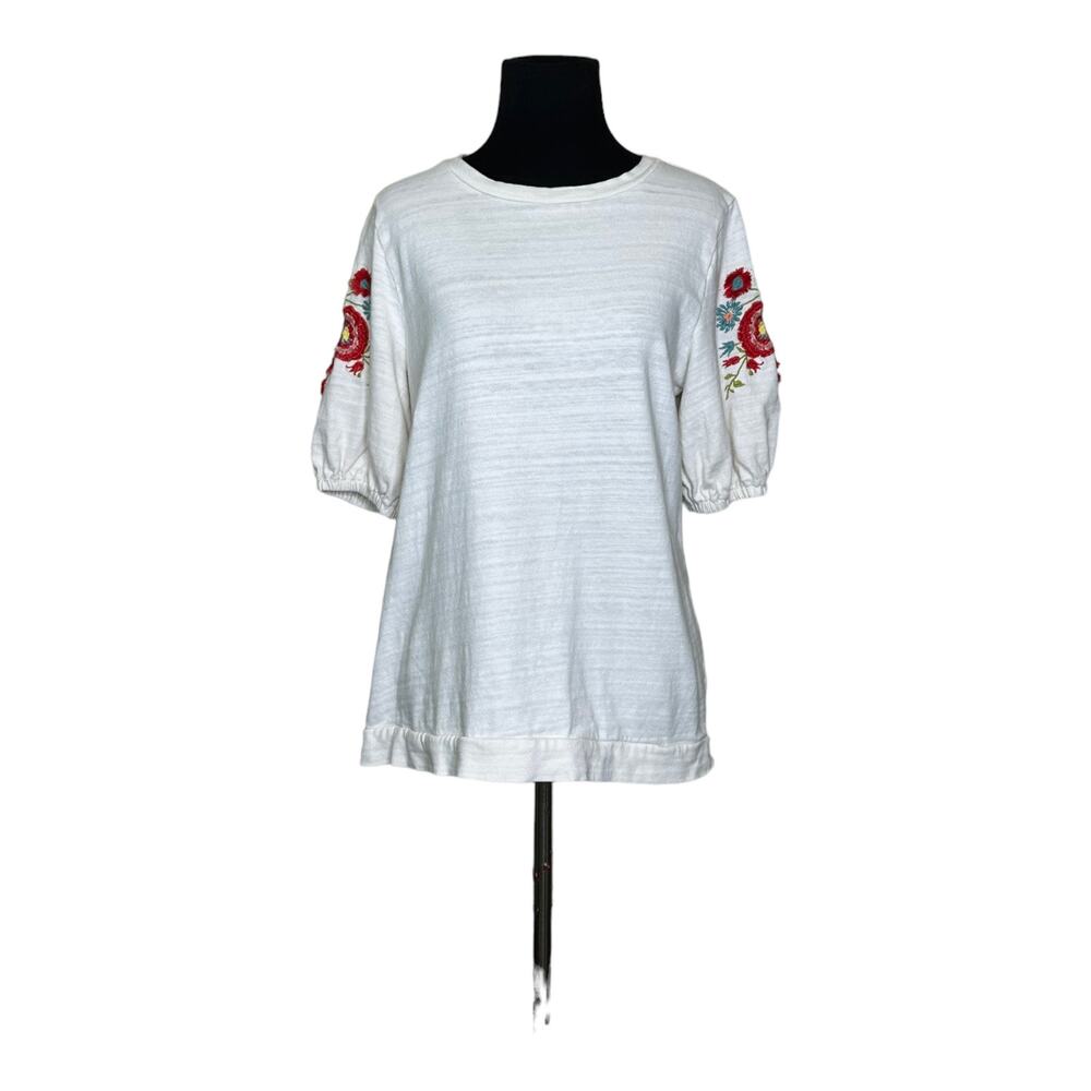 Loft off white short sleeves floral embroidered knit top size small